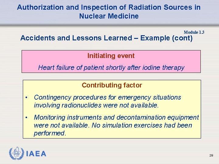 Authorization and Inspection of Radiation Sources in Nuclear Medicine Module 1. 3 Accidents and