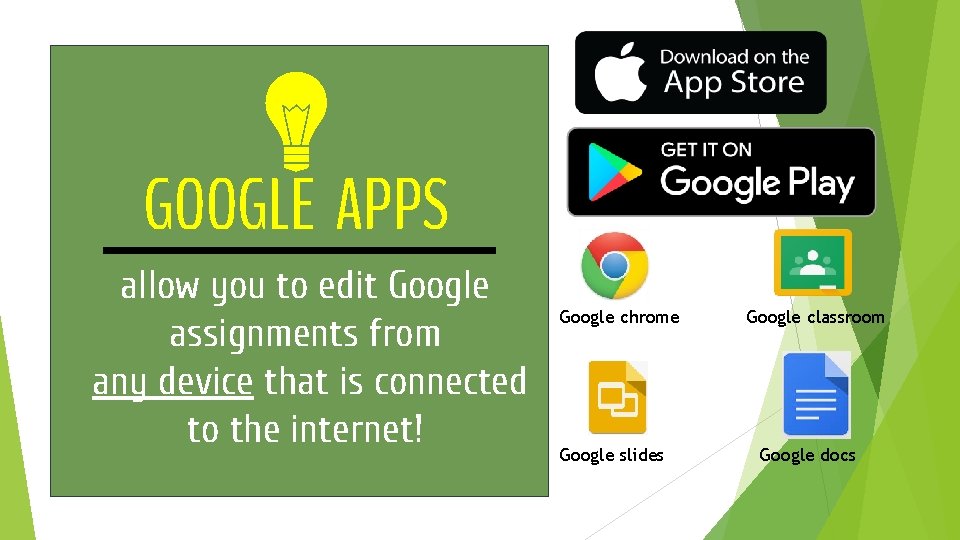 GOOGLE APPS allow you to edit Google assignments from any device that is connected