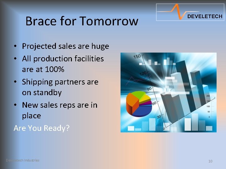 Brace for Tomorrow • Projected sales are huge • All production facilities are at