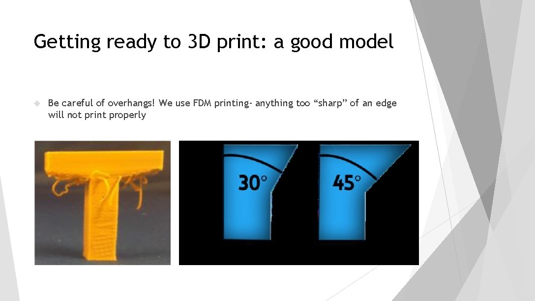 Getting ready to 3 D print: a good model Be careful of overhangs! We Getting ready to 3 D print: a good model Be careful of overhangs! We