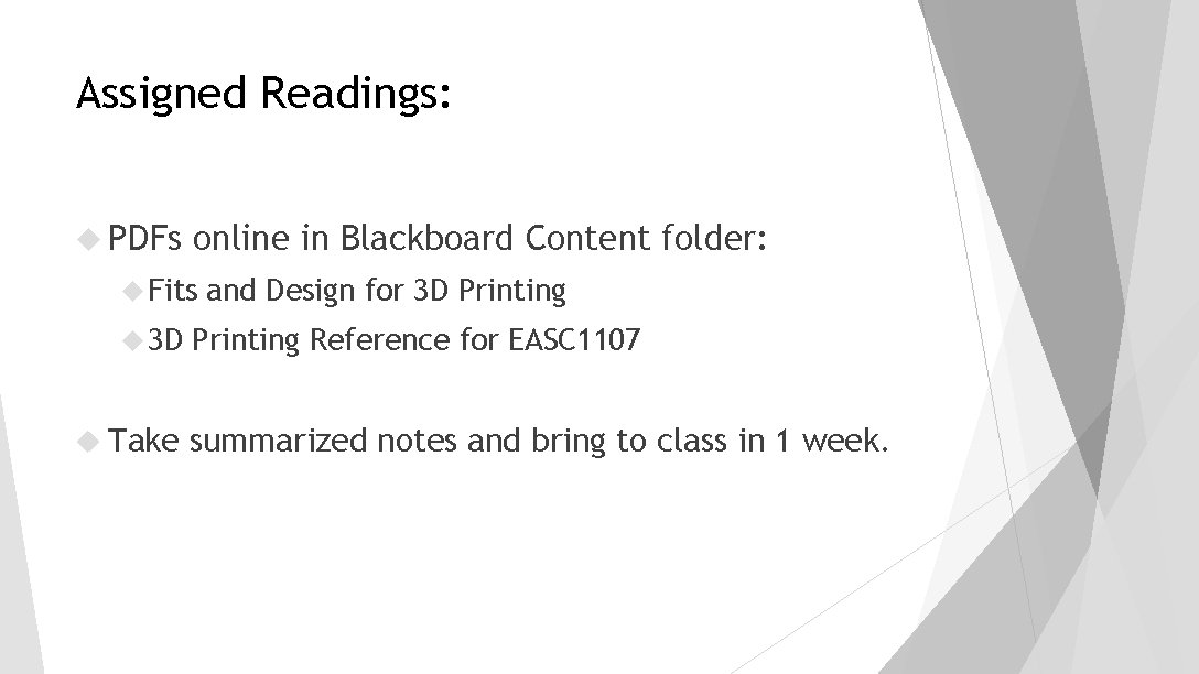 Assigned Readings: PDFs online in Blackboard Content folder: Fits 3 D Take and Design Assigned Readings: PDFs online in Blackboard Content folder: Fits 3 D Take and Design