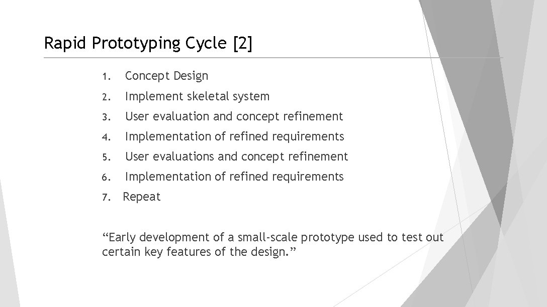 Rapid Prototyping Cycle [2] 1. Concept Design 2. Implement skeletal system 3. User evaluation