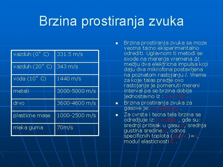 Brzina prostiranja zvuka n vazduh (0˚ C) 331. 5 m/s vazduh (20˚ C) 343