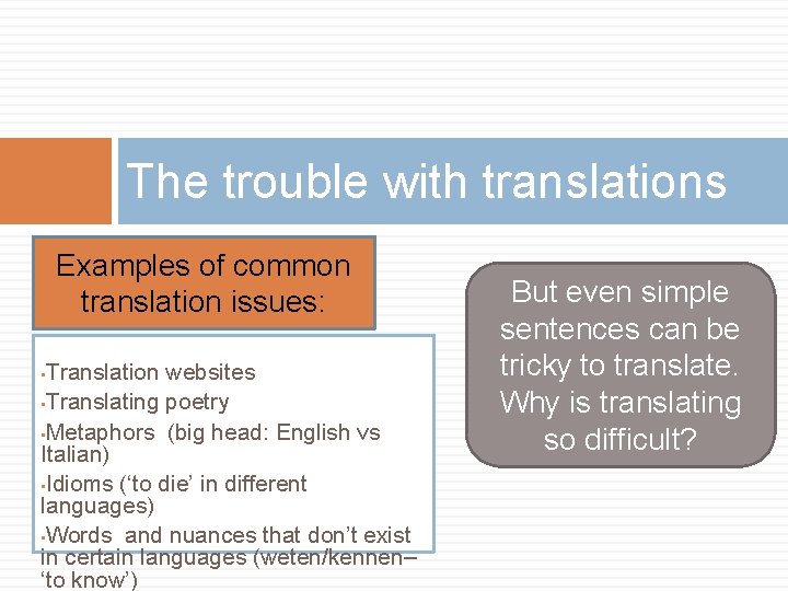 The trouble with translations Examples of common translation issues: Translation websites • Translating poetry