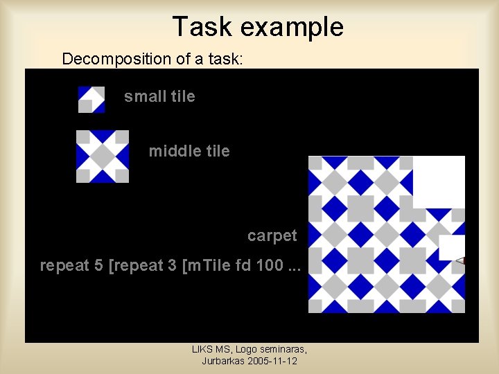 Task example Decomposition of a task: small tile middle tile carpet repeat 5 [repeat