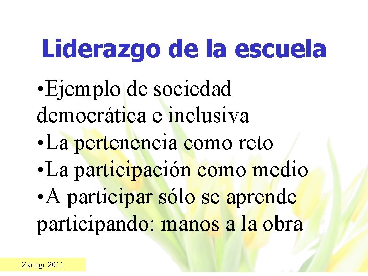 Liderazgo de la escuela • Ejemplo de sociedad democrática e inclusiva • La pertenencia