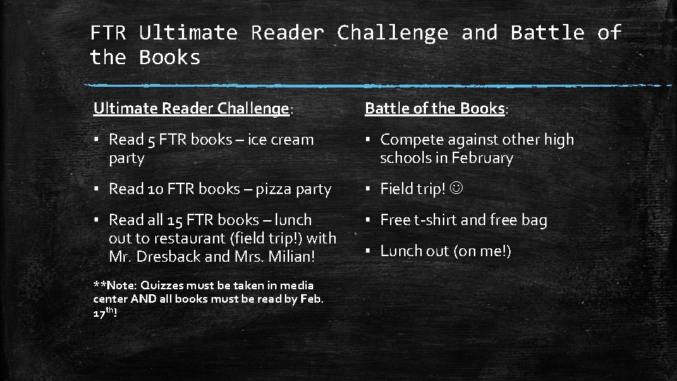 FTR Ultimate Reader Challenge and Battle of the Books Ultimate Reader Challenge: Challenge Battle