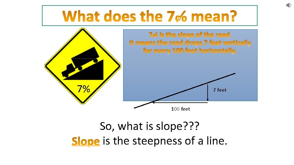 7% 7 feet 100 feet So, what is slope? ? ? is the steepness