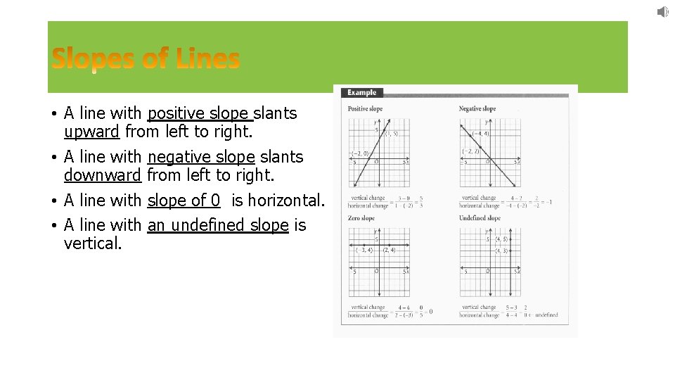  • A line with positive slope slants upward from left to right. •