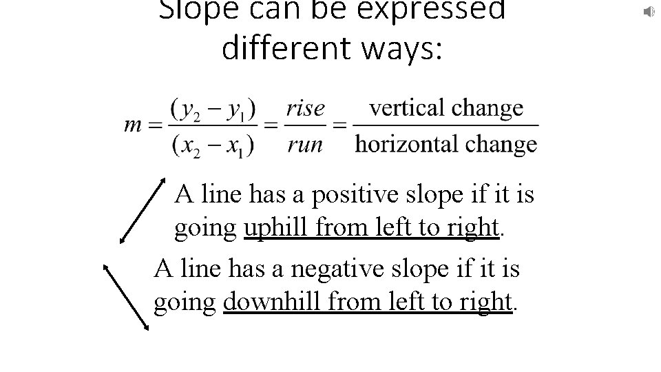 Slope can be expressed different ways: A line has a positive slope if it
