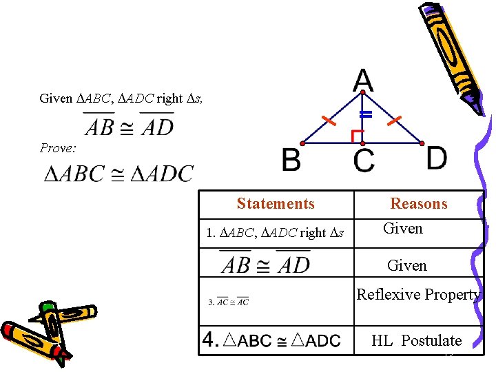 Given ABC, ADC right s, Prove: Statements 1. ABC, ADC right s Reasons Given