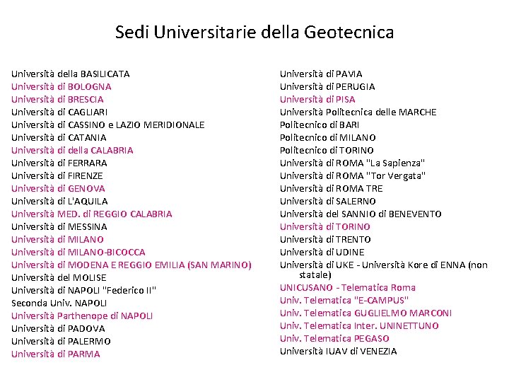 Sedi Universitarie della Geotecnica Università della BASILICATA Università di BOLOGNA Università di BRESCIA Università
