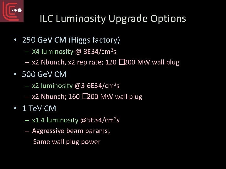ILC Luminosity Upgrade Options • 250 Ge. V CM (Higgs factory) – X 4
