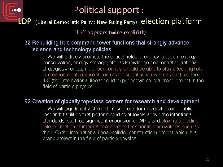 LDP Political support : (Liberal Democratic Party : New Ruling Party) election platform ‘ILC’