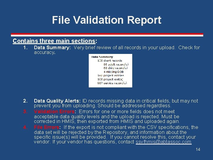 File Validation Report Contains three main sections: 1. Data Summary: Very brief review of