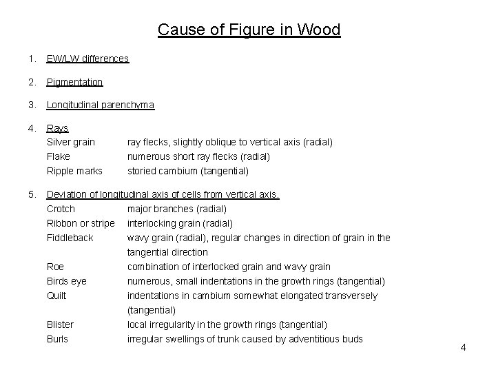 Cause of Figure in Wood 1. EW/LW differences 2. Pigmentation 3. Longitudinal parenchyma 4.