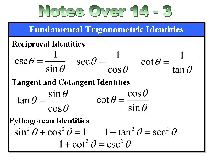Fundamental Trigonometric Identities Reciprocal Identities Tangent and Cotangent Identities Pythagorean Identities 