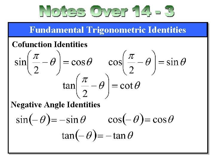 Fundamental Trigonometric Identities Cofunction Identities Negative Angle Identities 