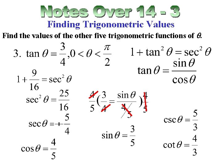 Finding Trigonometric Values Find the values of the other five trigonometric functions of q.