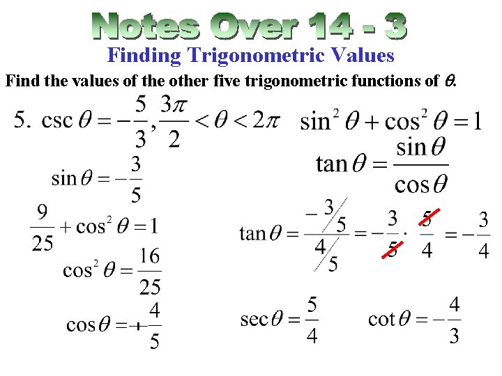 Finding Trigonometric Values Find the values of the other five trigonometric functions of q.