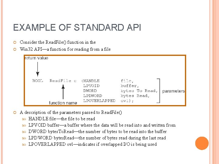 EXAMPLE OF STANDARD API Consider the Read. File() function in the Win 32 API—a