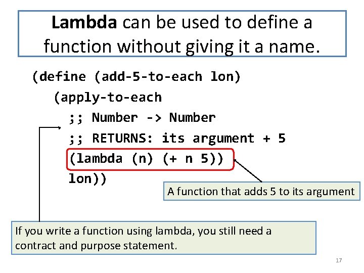 Lambda can be used to define a function without giving it a name. (define