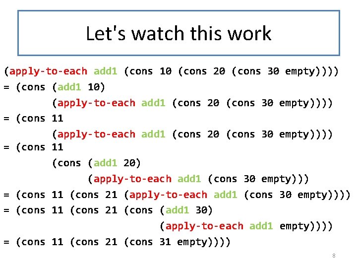 Let's watch this work (apply-to-each add 1 (cons 10 (cons 20 (cons 30 empty))))