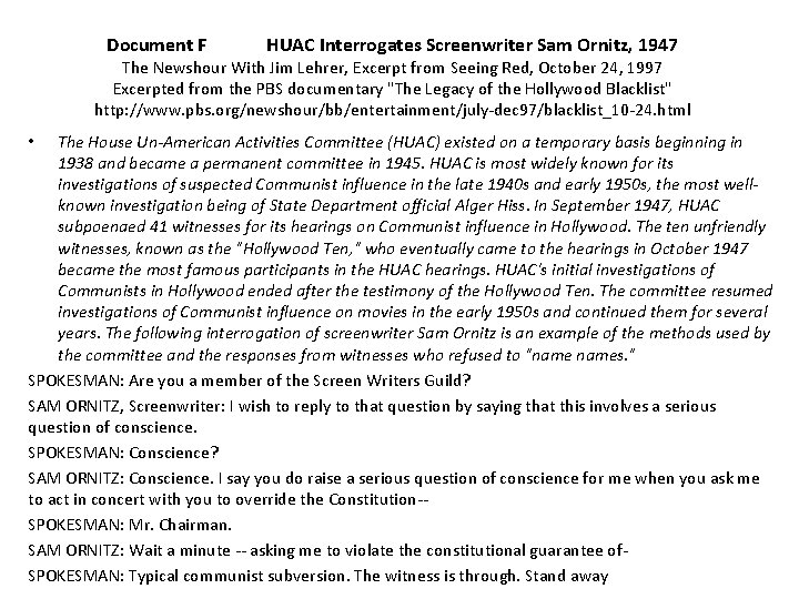 Document F HUAC Interrogates Screenwriter Sam Ornitz, 1947 The Newshour With Jim Lehrer, Excerpt