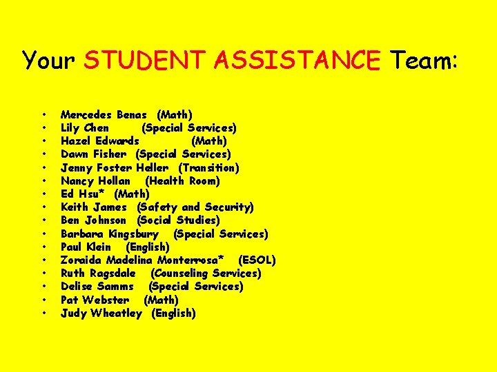 Your STUDENT ASSISTANCE Team: • • • • Mercedes Benas (Math) Lily Chen (Special