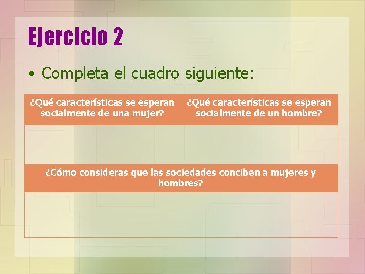 Ejercicio 2 • Completa el cuadro siguiente: ¿Qué características se esperan socialmente de una