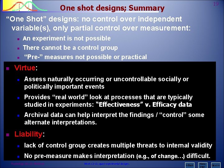 19 Psychology 242 Introduction to Research One shot designs; Summary “One Shot” designs: no