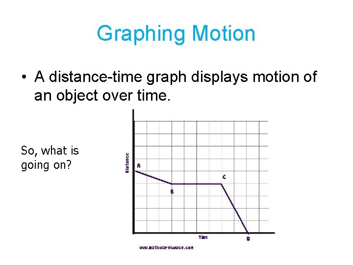 Graphing Motion • A distance-time graph displays motion of an object over time. So,