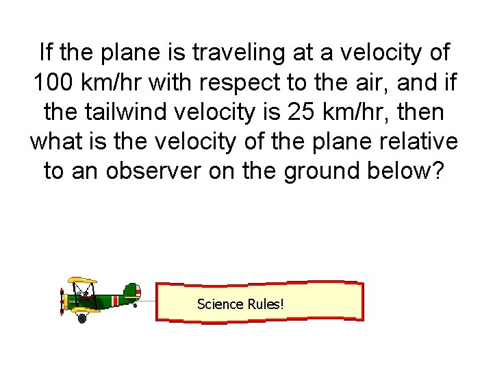 If the plane is traveling at a velocity of 100 km/hr with respect to