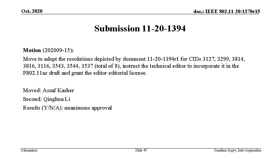 Oct. 2020 doc. : IEEE 802. 11 -20/1370 r 15 Submission 11 -20 -1394