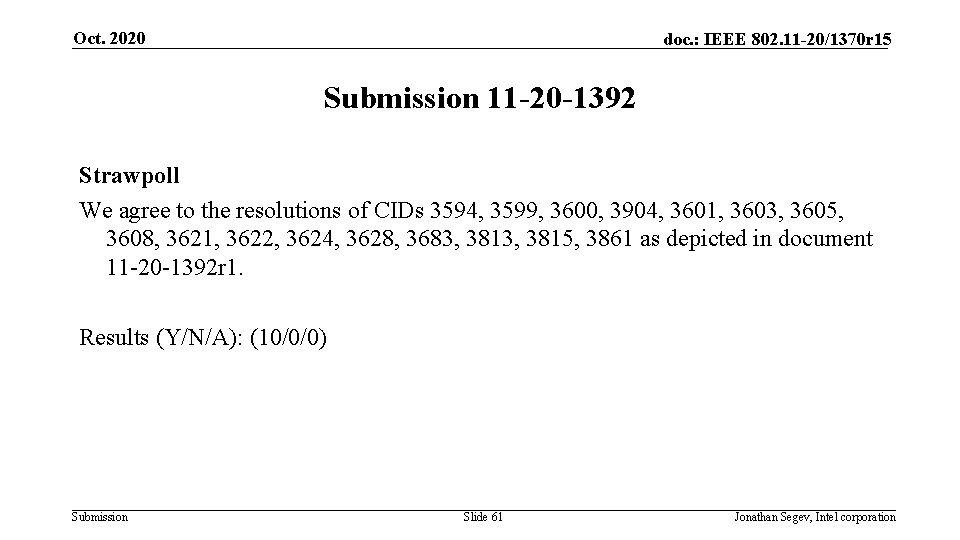 Oct. 2020 doc. : IEEE 802. 11 -20/1370 r 15 Submission 11 -20 -1392
