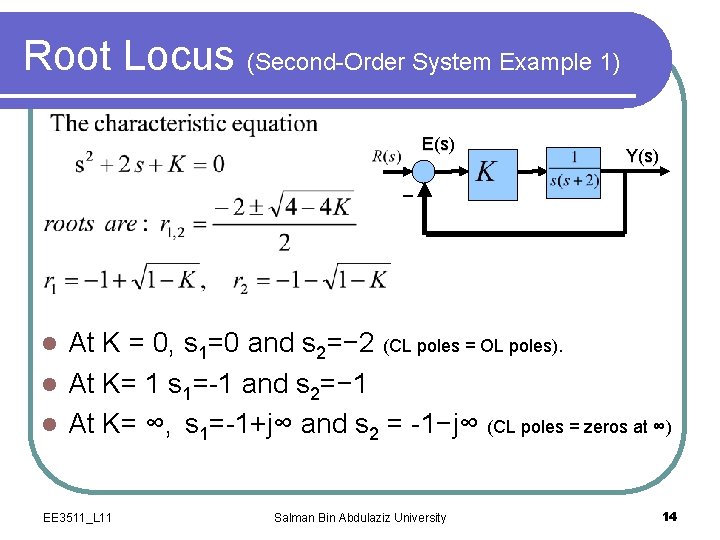 Root Locus (Second-Order System Example 1) E(s) Y(s) _ At K = 0, s