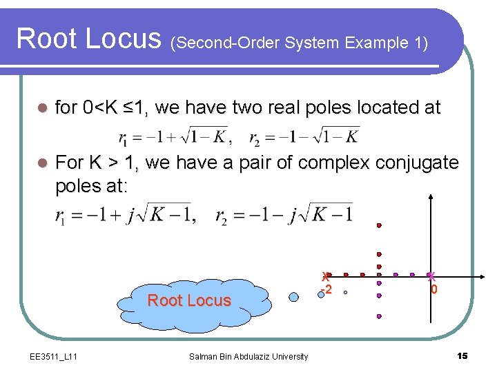 Root Locus (Second-Order System Example 1) l for 0<K ≤ 1, we have two