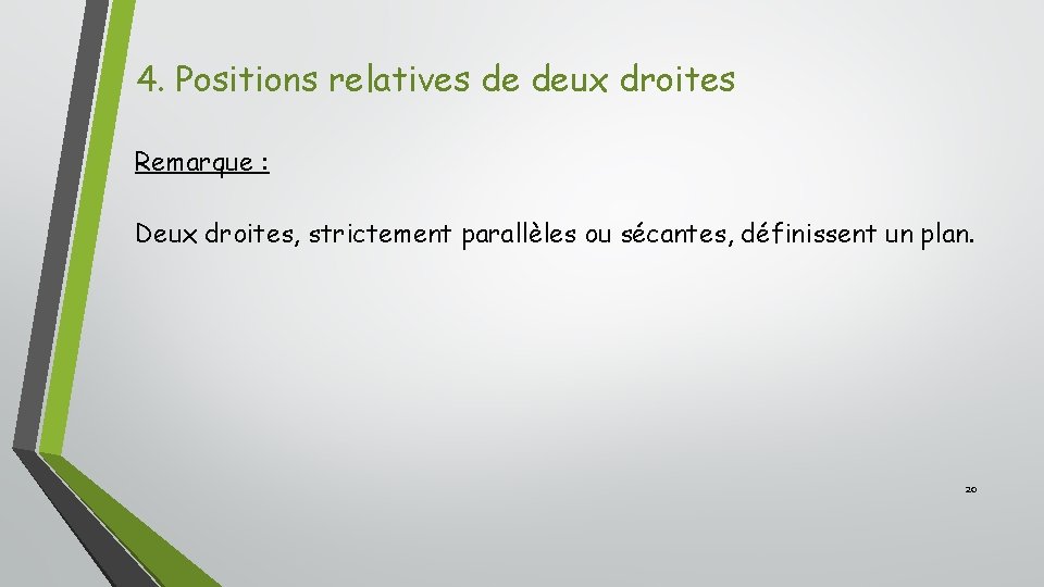 4. Positions relatives de deux droites Remarque : Deux droites, strictement parallèles ou sécantes,