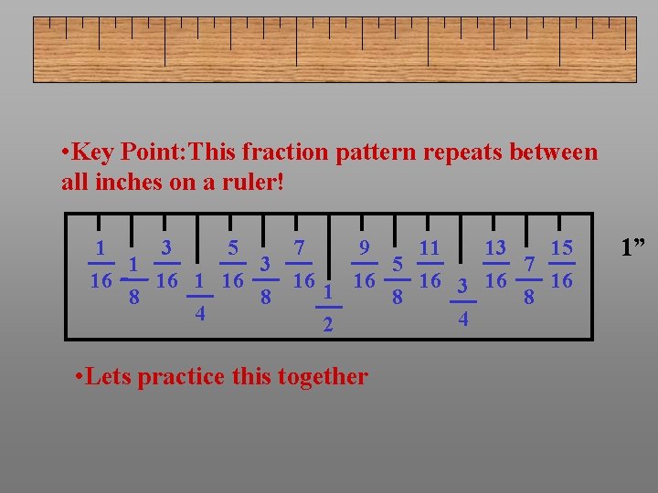  • Key Point: This fraction pattern repeats between all inches on a ruler!