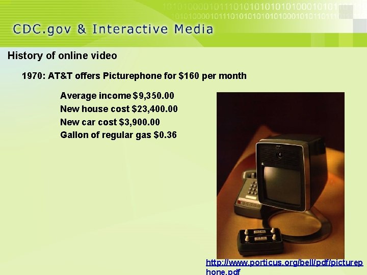 History of online video 1970: AT&T offers Picturephone for $160 per month Average income