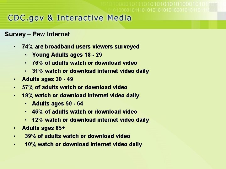Survey – Pew Internet • • 74% are broadband users viewers surveyed • Young