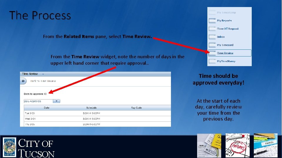 The Process From the Related Items pane, select Time Review. From the Time Review