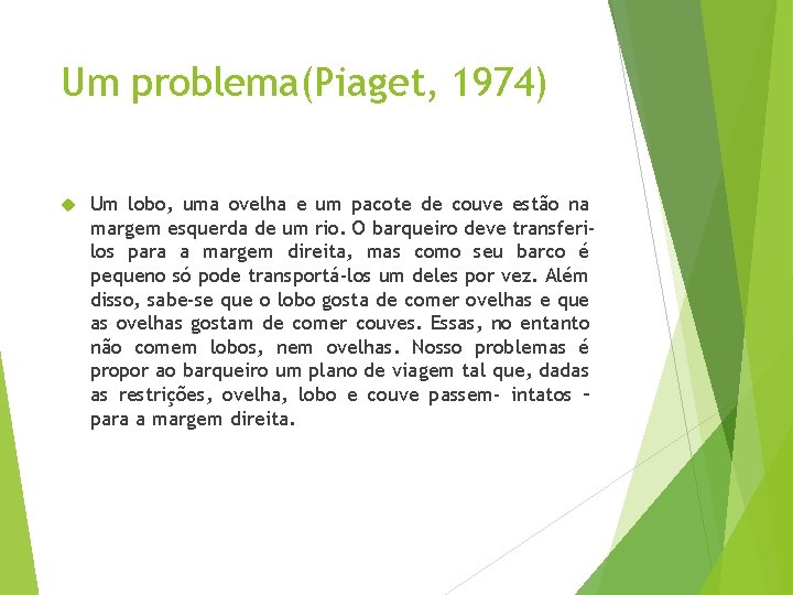 Um problema(Piaget, 1974) Um lobo, uma ovelha e um pacote de couve estão na