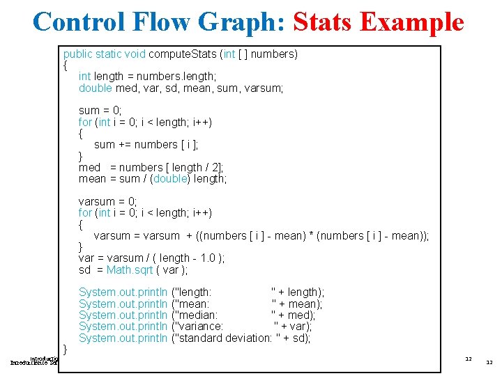 Control Flow Graph: Stats Example public static void compute. Stats (int [ ] numbers)