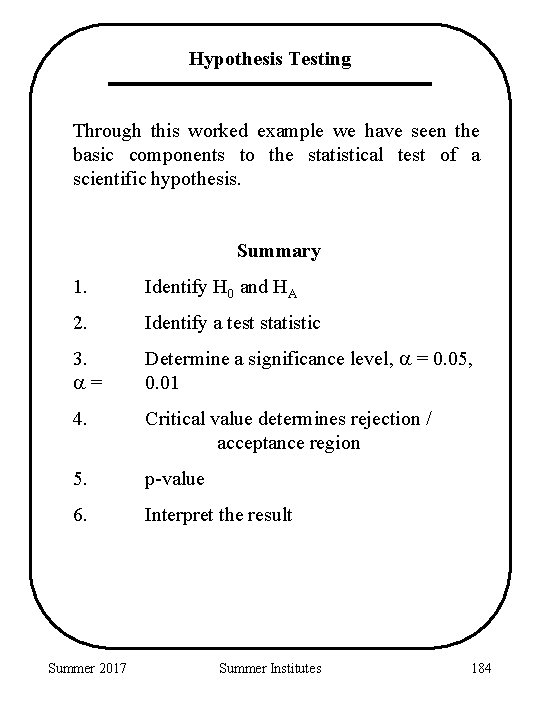 Hypothesis Testing Through this worked example we have seen the basic components to the