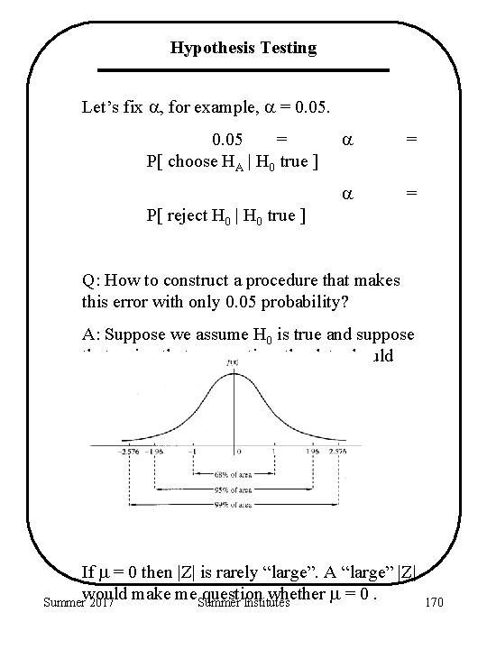 Hypothesis Testing Let’s fix , for example, = 0. 05 = P[ choose HA