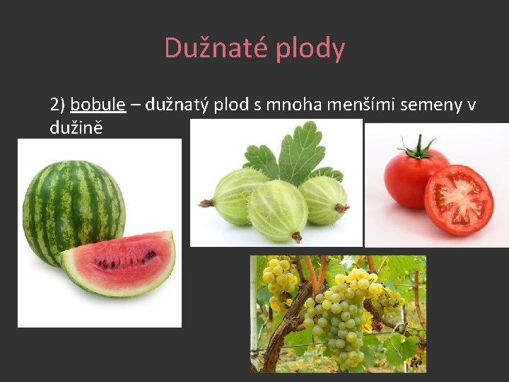 Dužnaté plody 2) bobule – dužnatý plod s mnoha menšími semeny v dužině 