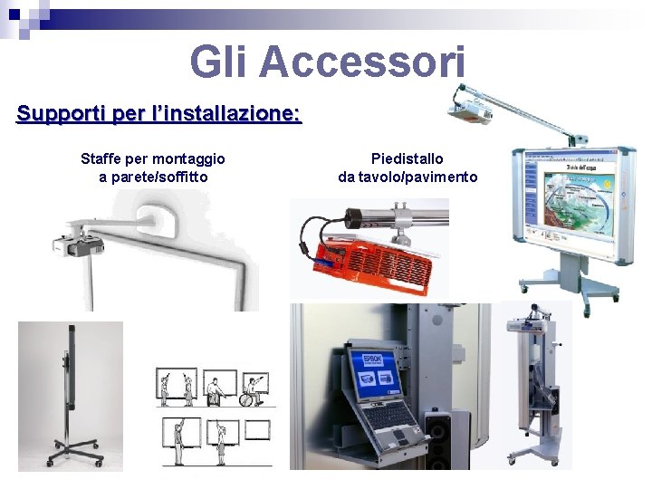 Gli Accessori Supporti per l’installazione: Staffe per montaggio a parete/soffitto Piedistallo da tavolo/pavimento 