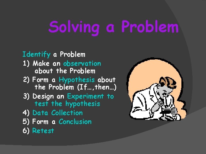 Solving a Problem Identify a Problem 1) Make an observation about the Problem 2)