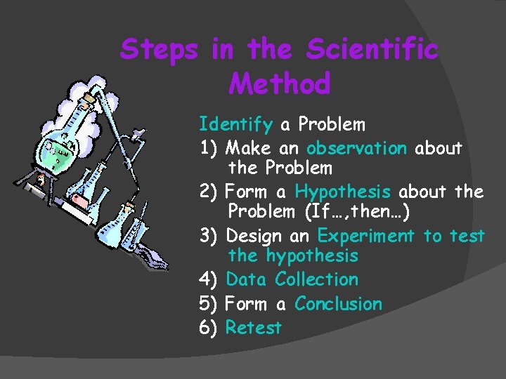 Steps in the Scientific Method Identify a Problem 1) Make an observation about the